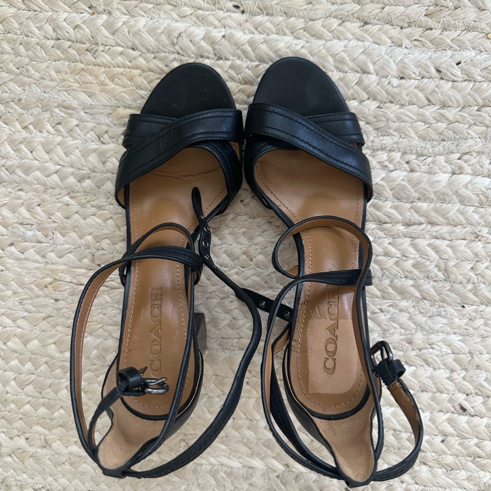 Coach Genuine black leather wood block heels size 7.5